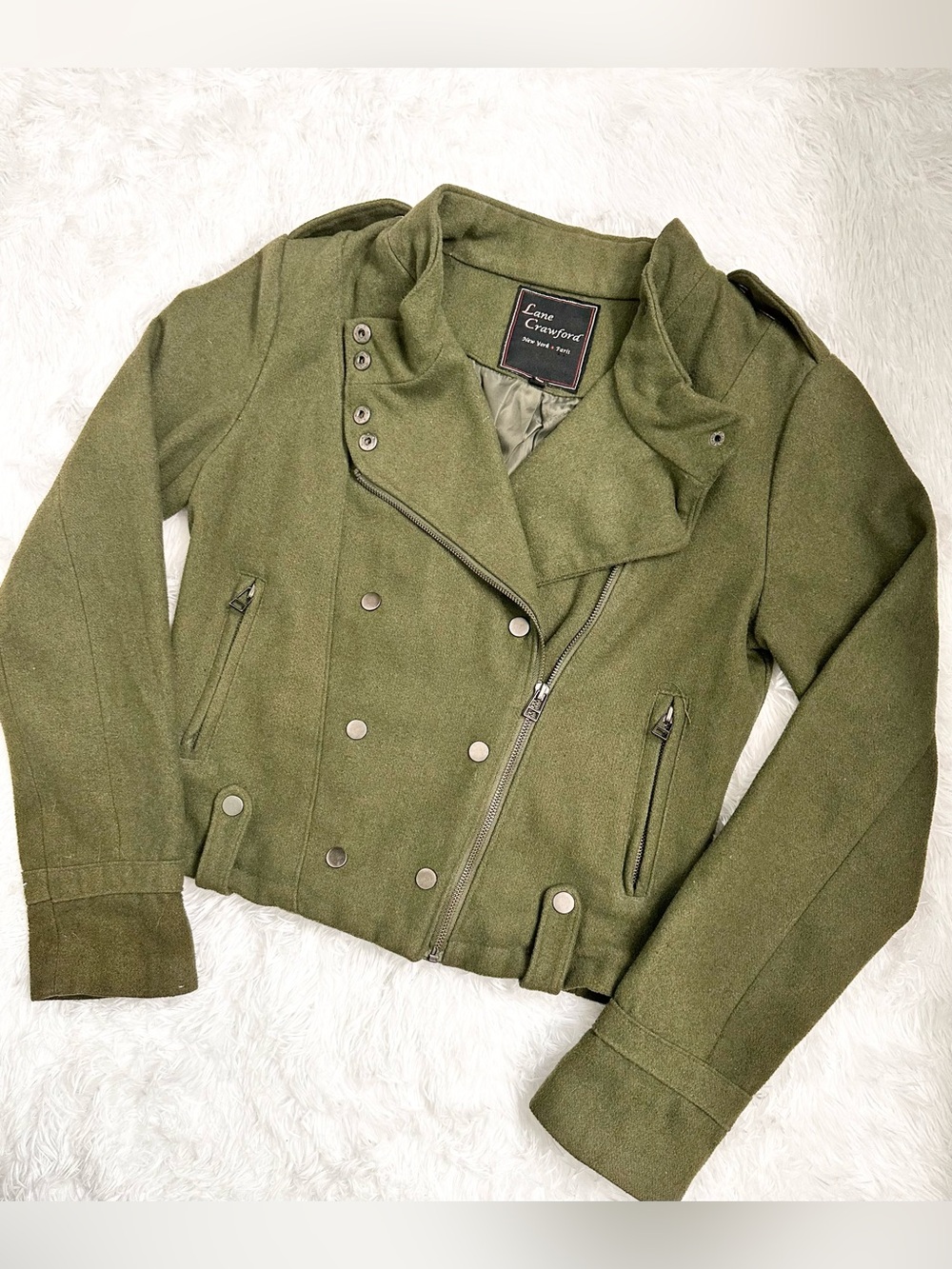 VINTAGE LANE CRAWFORD Olive Green Wool Blend Moto Jacket